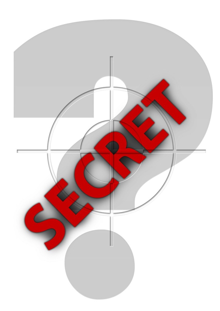 The word "SECRET" written in red, diagonally across a gun sight and a question mark by geralt on Pixabay at https://pixabay.com/en/secret-espionage-security-205646/